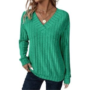 Women’s SHEIN LUNE V-Neck Drop Shoulder Long Sleeve Ribbed Knit Top - NWT